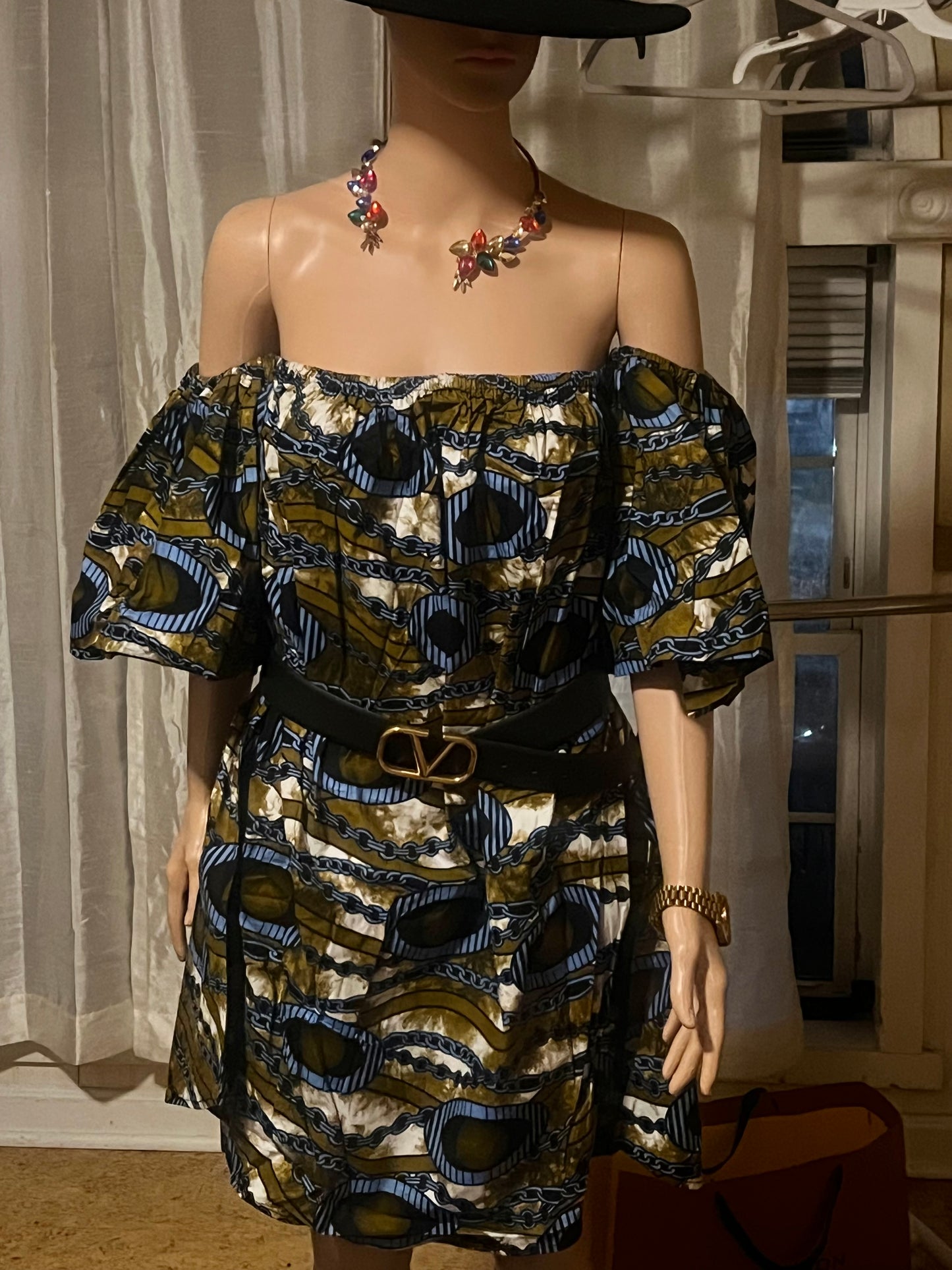 Off-Shoulder Ankara Mini Dress with Puffy Sleeves